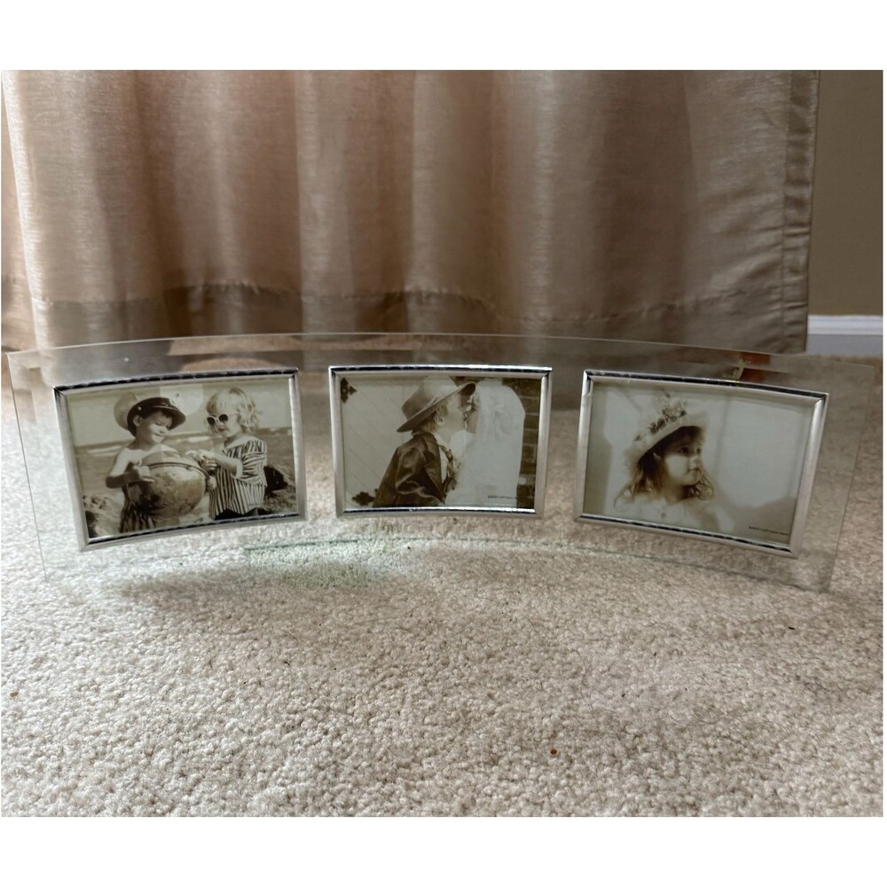 Curved Glass Triple Picture Frame 3 Photo Beveled Silver Desk Mantel Holder Bent
